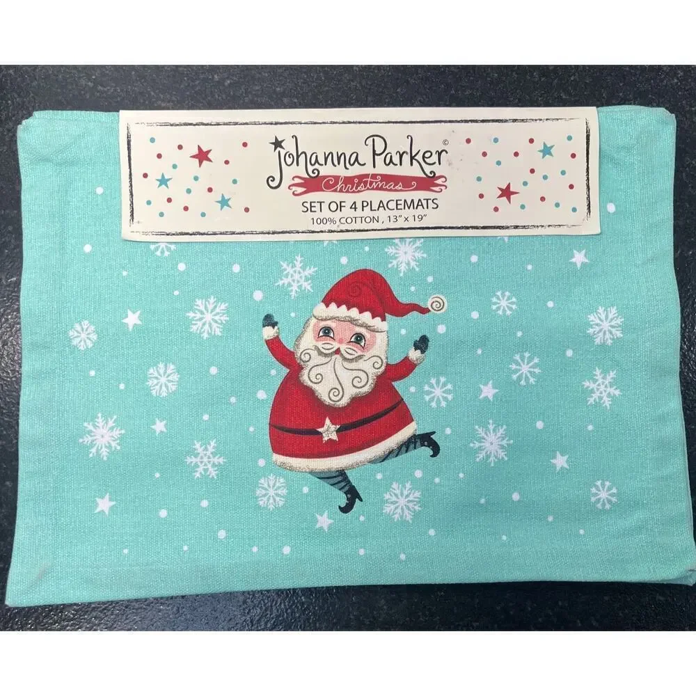 Johanna‎ Parker Mint Green Santa Claus Christmas Cotton PLACEMATS Set of 4 New